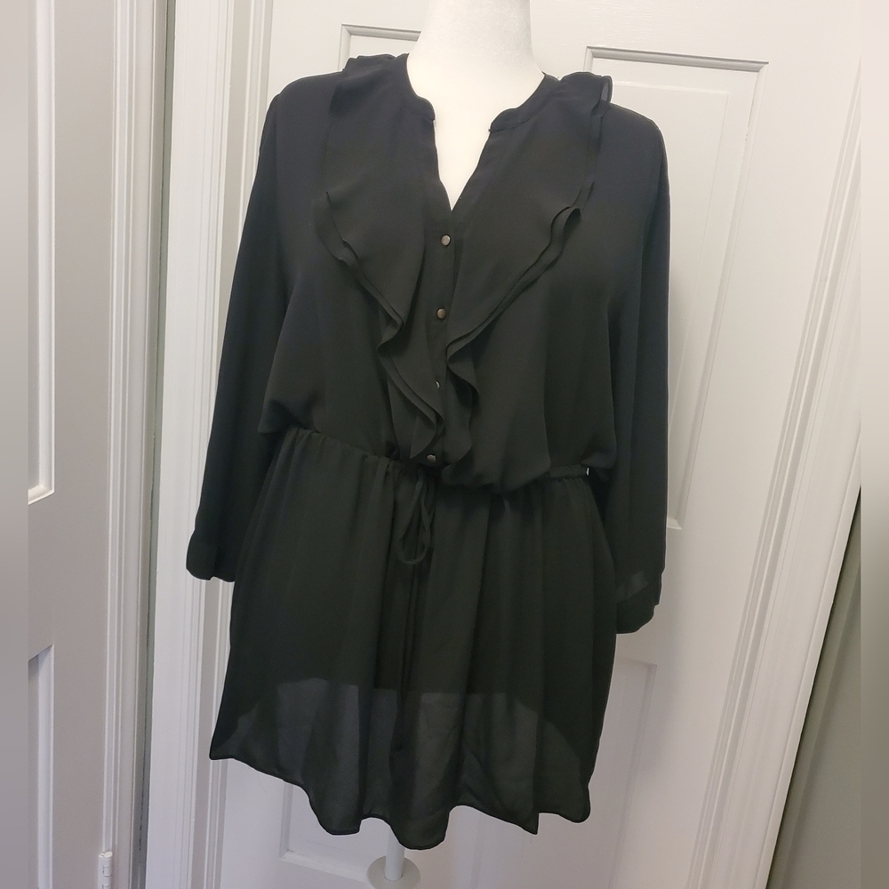Sami & Jo Black Semi Sheer Midlength Blouse Size XL, tie at waist